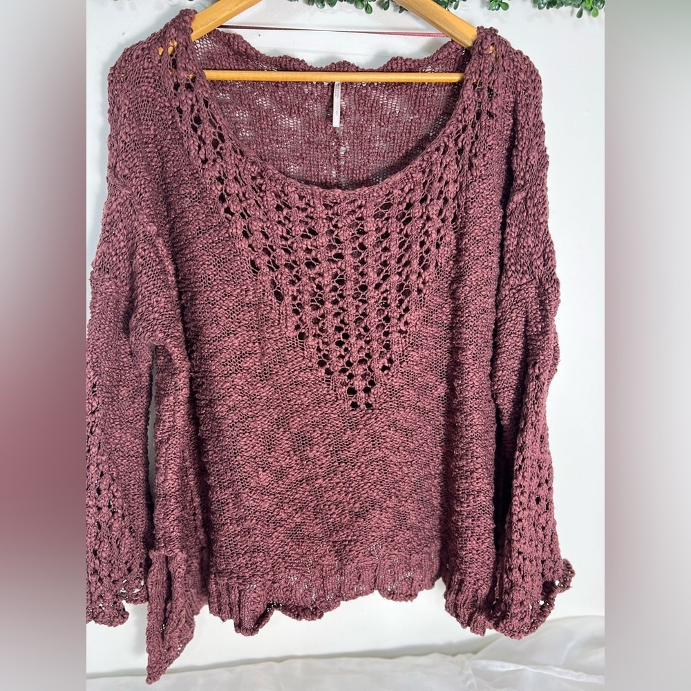 Free People Pretty Pointelle Open-Knit Vee Sweater in Rose Glow Size Small - Picture 1 of 11